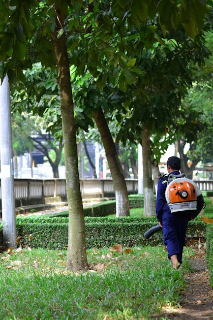 A person wearing a dark blue uniform and a helmet is walking along a narrow garden pathway with a leaf blower on their back, engaged in garden maintenance. The pathway is bordered by a well-manicured 